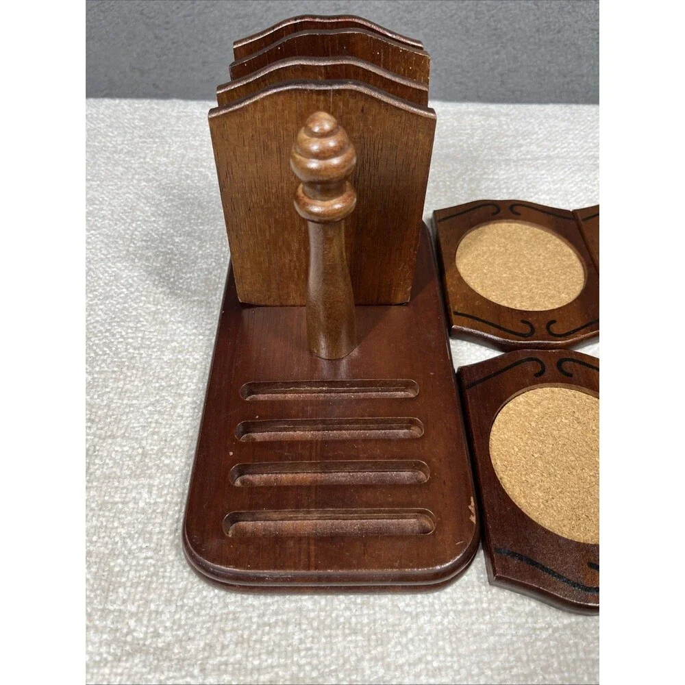 Vintage Japan 1950s Wooden 8 Coaster Set Stand Gail Craft Rare MCM Moody Barware